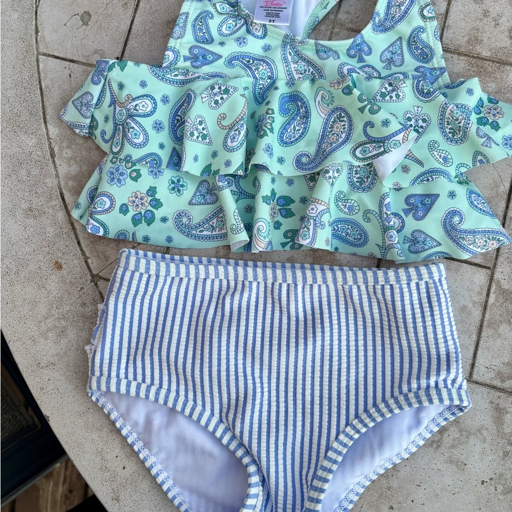 ☀️Get SUMMER Ready!☀️Ruffle Butts Blue and White Stripes Teal Paisley sz 3T